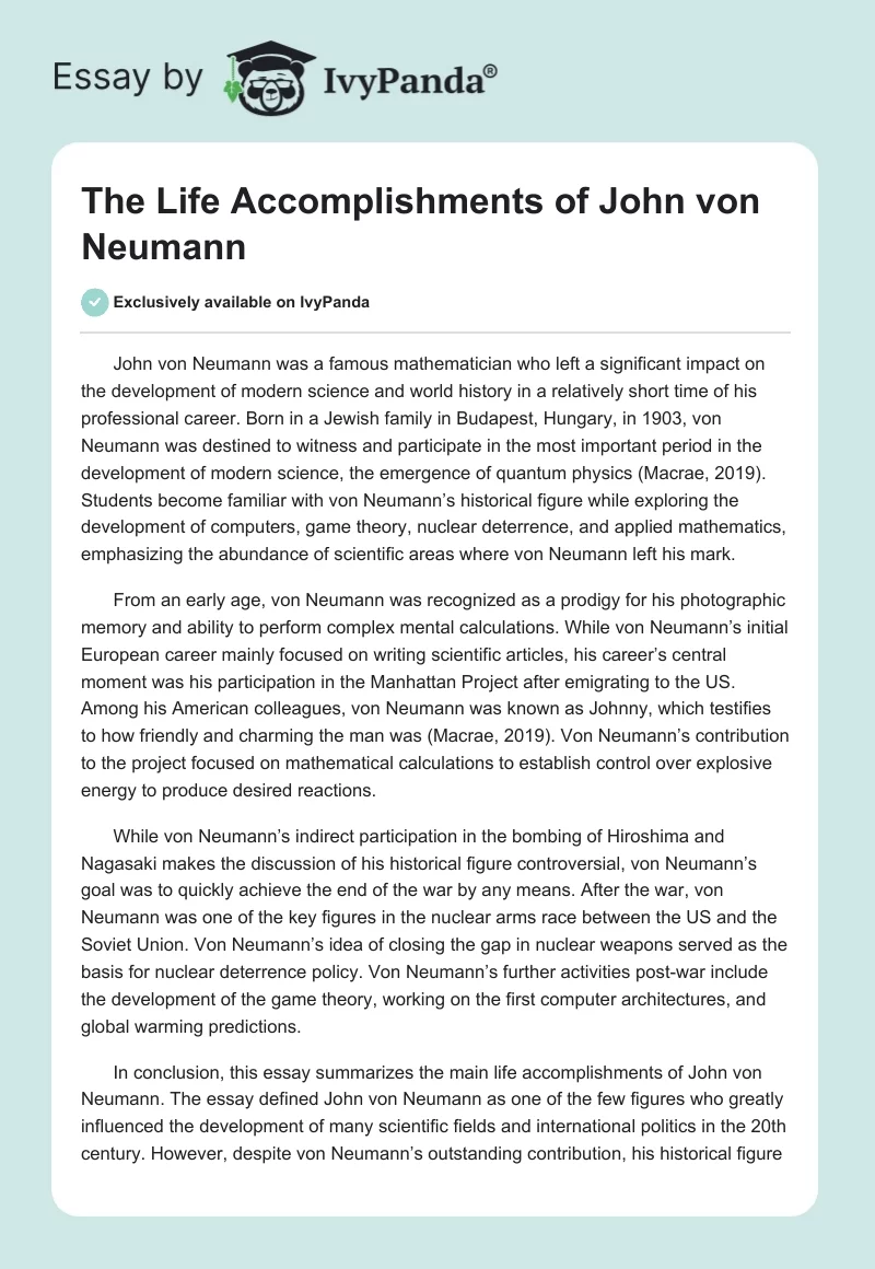The Life Accomplishments of John von Neumann. Page 1