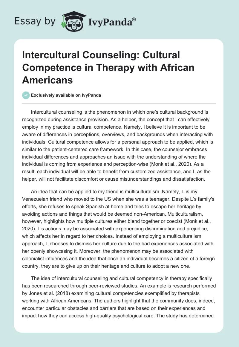 Intercultural Counseling: Cultural Competence in Therapy With African Americans. Page 1