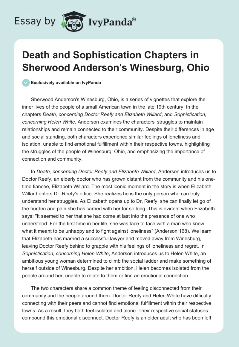 Death and Sophistication Chapters in Sherwood Anderson's Winesburg, Ohio. Page 1