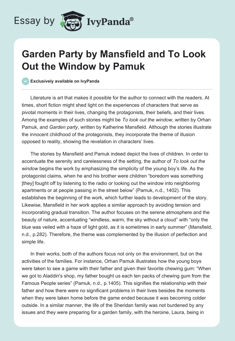 "Garden Party" by Mansfield and "To Look Out the Window" by Pamuk. Page 1
