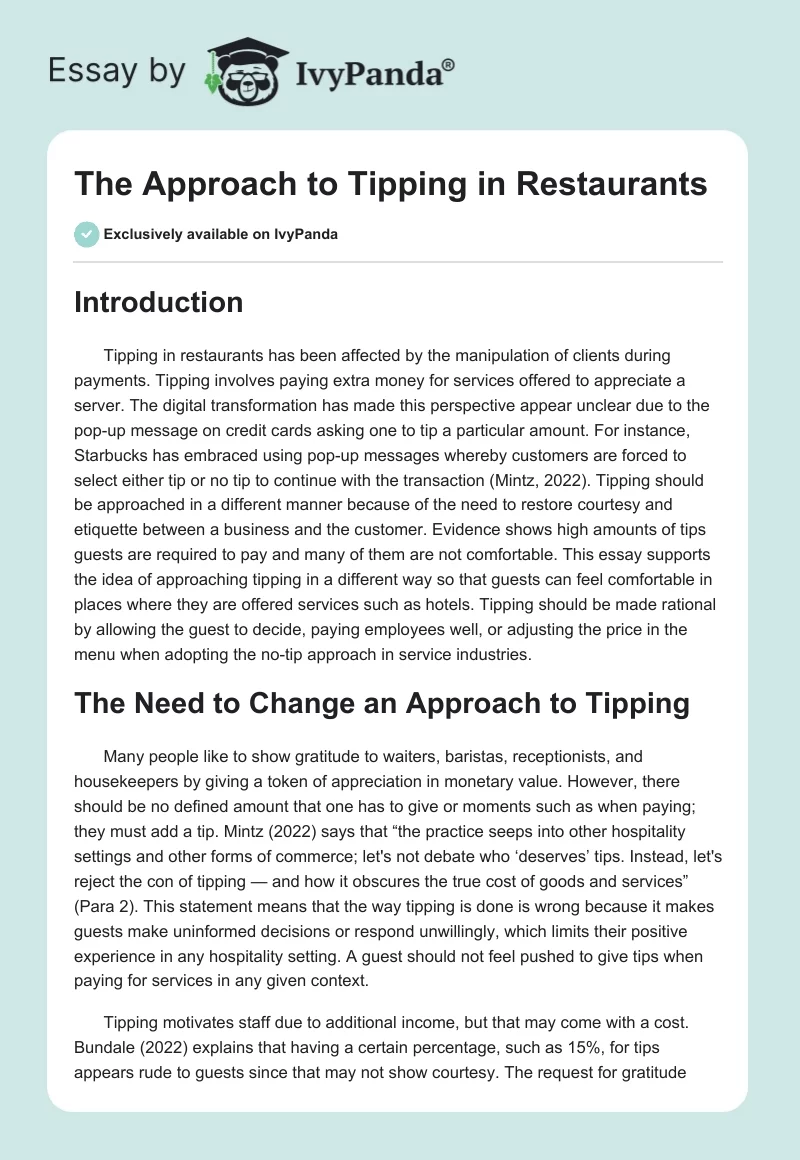 The Approach to Tipping in Restaurants. Page 1