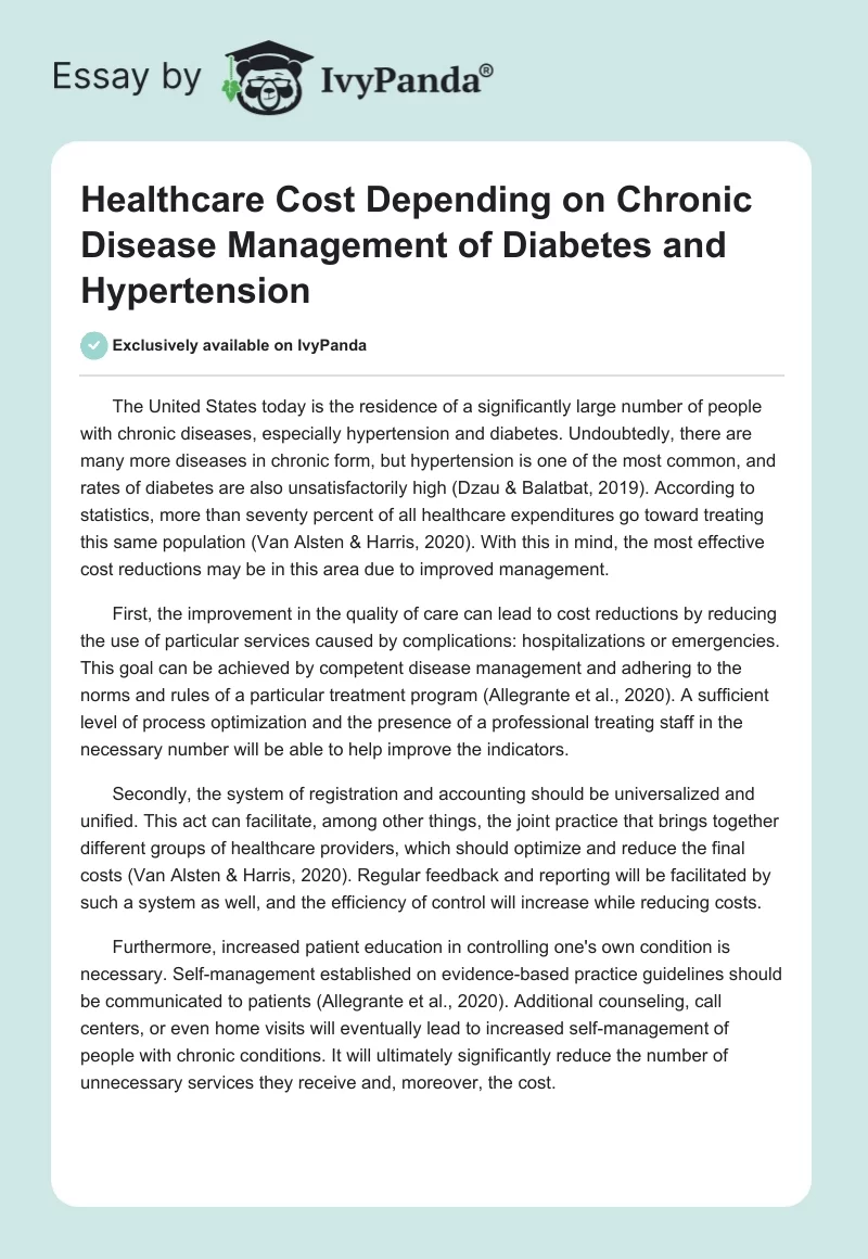 Healthcare Cost Depending on Chronic Disease Management of Diabetes and Hypertension. Page 1