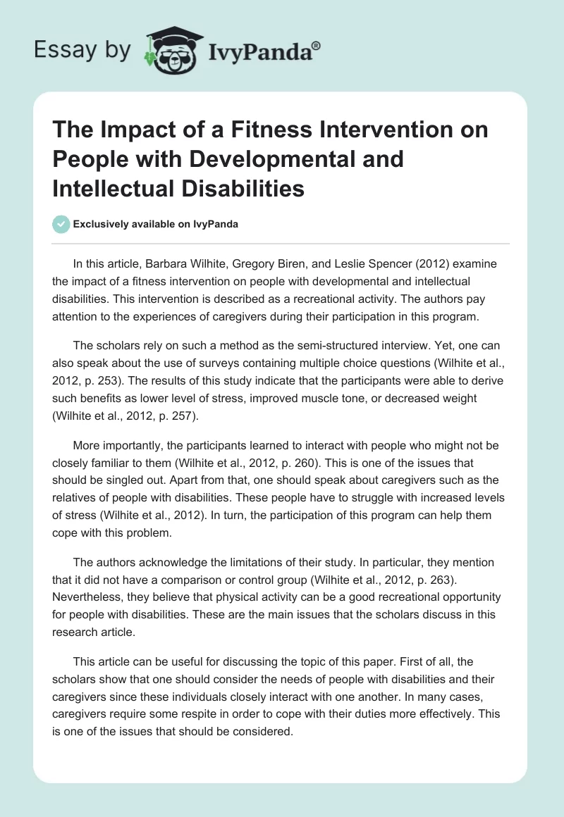 The Impact of a Fitness Intervention on People with Developmental and Intellectual Disabilities. Page 1