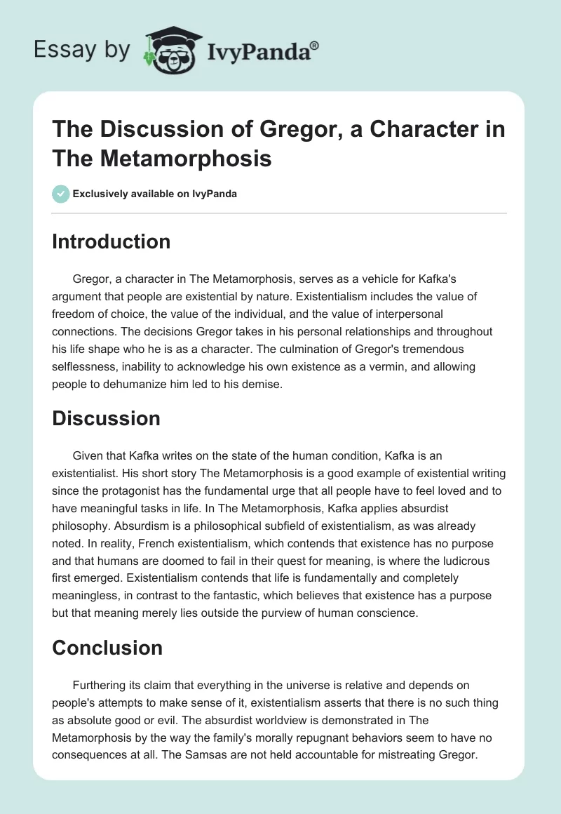 The Discussion of Gregor, a Character in "The Metamorphosis". Page 1