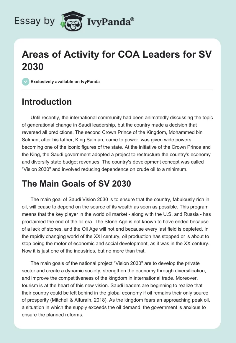 Areas of Activity for COA Leaders for SV 2030. Page 1
