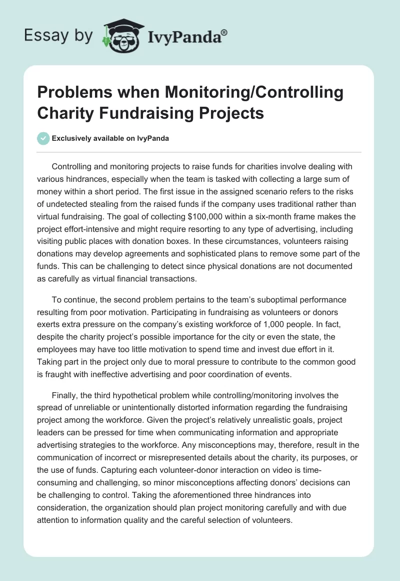 Problems With Monitoring/Controlling Charity Fundraising Projects. Page 1