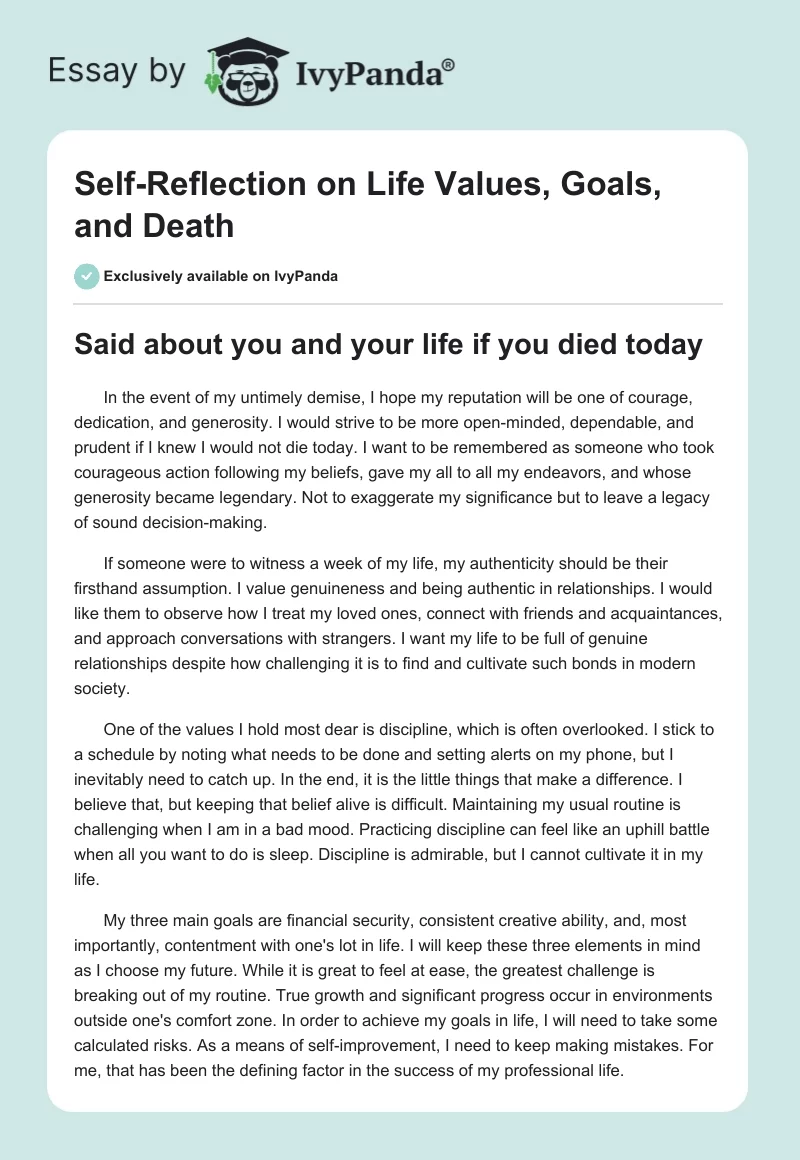 Self-Reflection on Life Values, Goals, and Death. Page 1