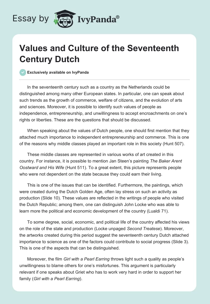 Values and Culture of the Seventeenth Century Dutch. Page 1
