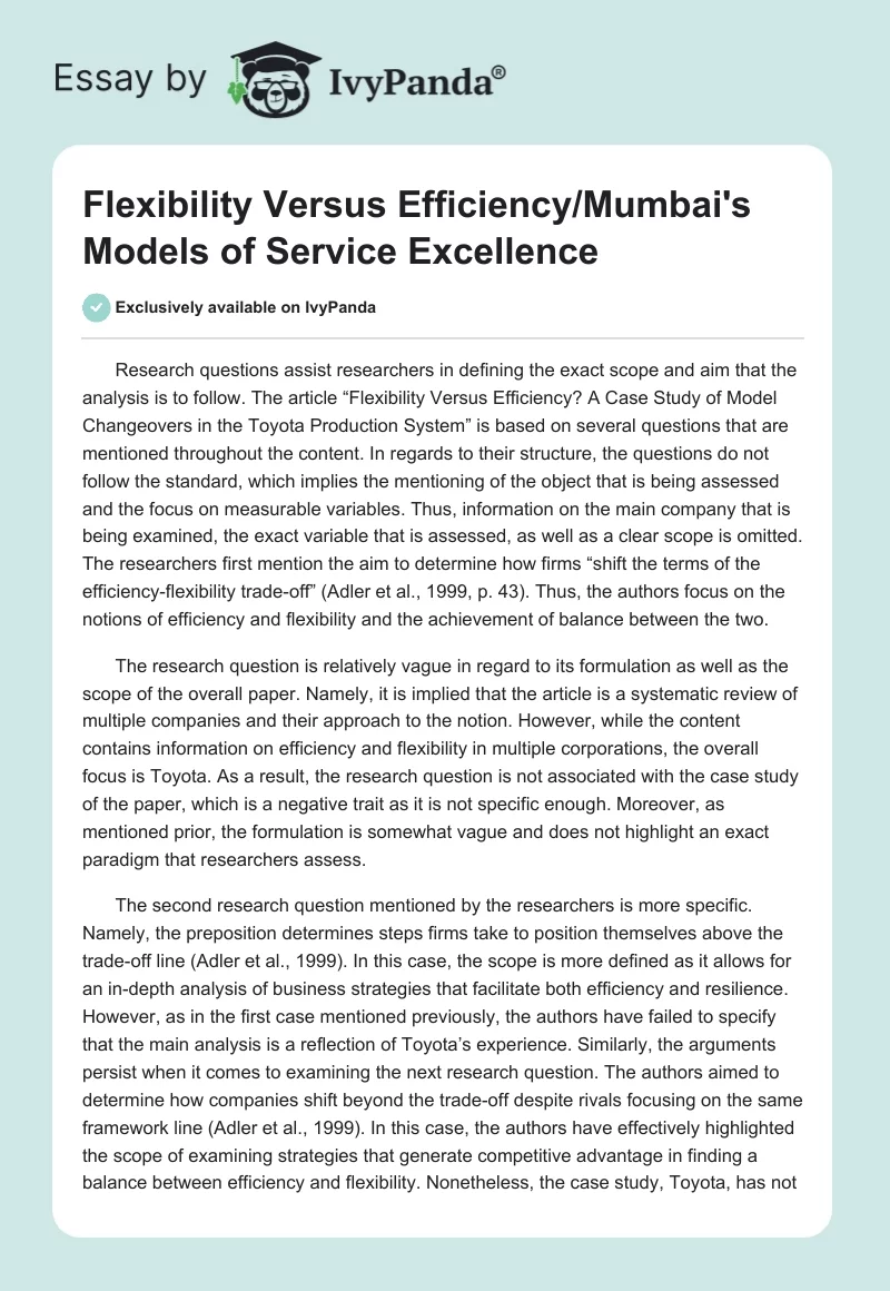 Flexibility Versus Efficiency/Mumbai's Models of Service Excellence. Page 1