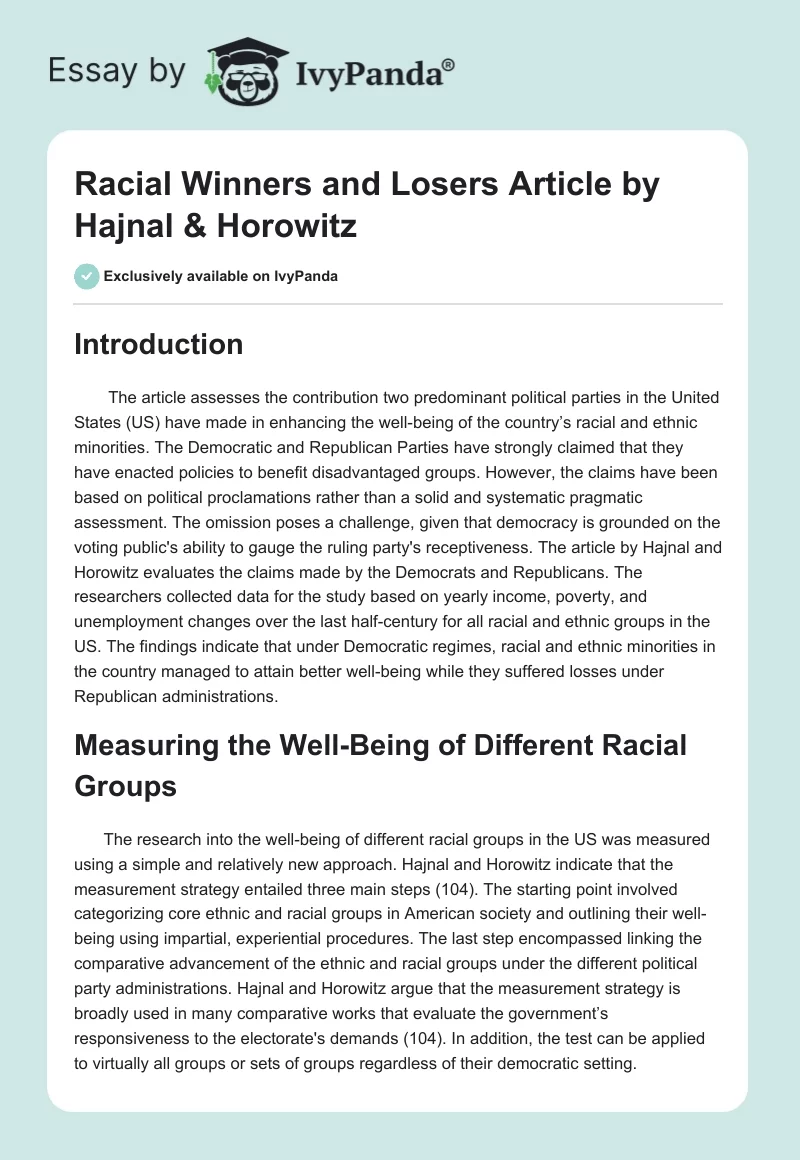 Racial Winners and Losers Article by Hajnal & Horowitz. Page 1