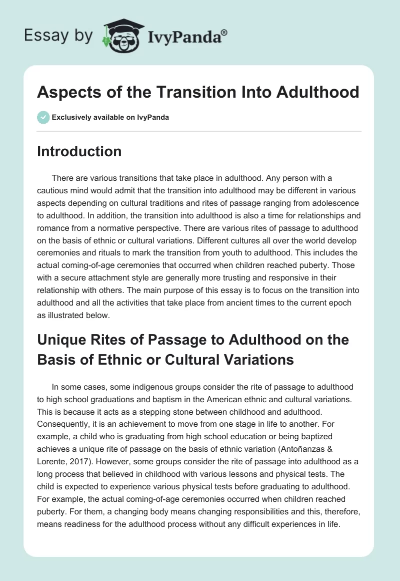 Aspects of the Transition Into Adulthood. Page 1
