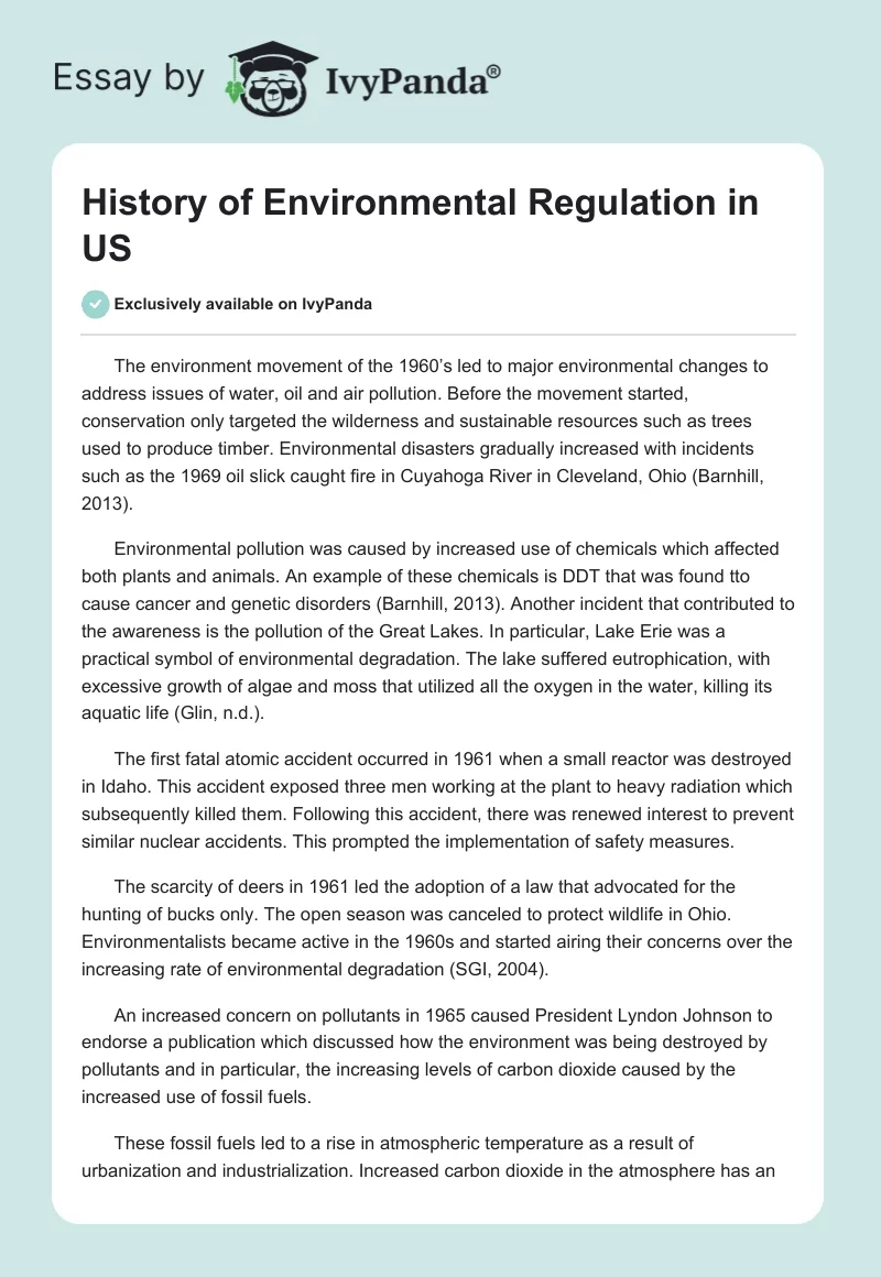 History of Environmental Regulation in US. Page 1