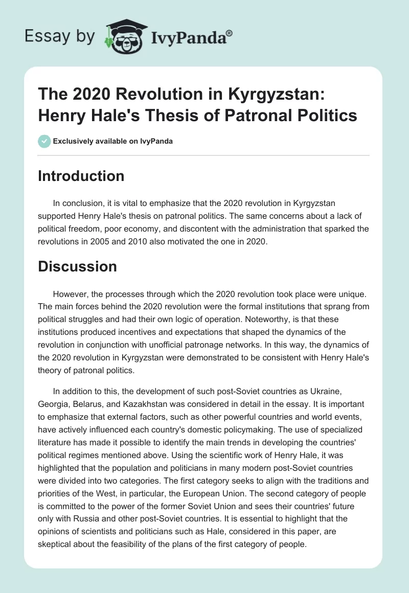 The 2020 Revolution in Kyrgyzstan: Henry Hale's Thesis of Patronal Politics. Page 1