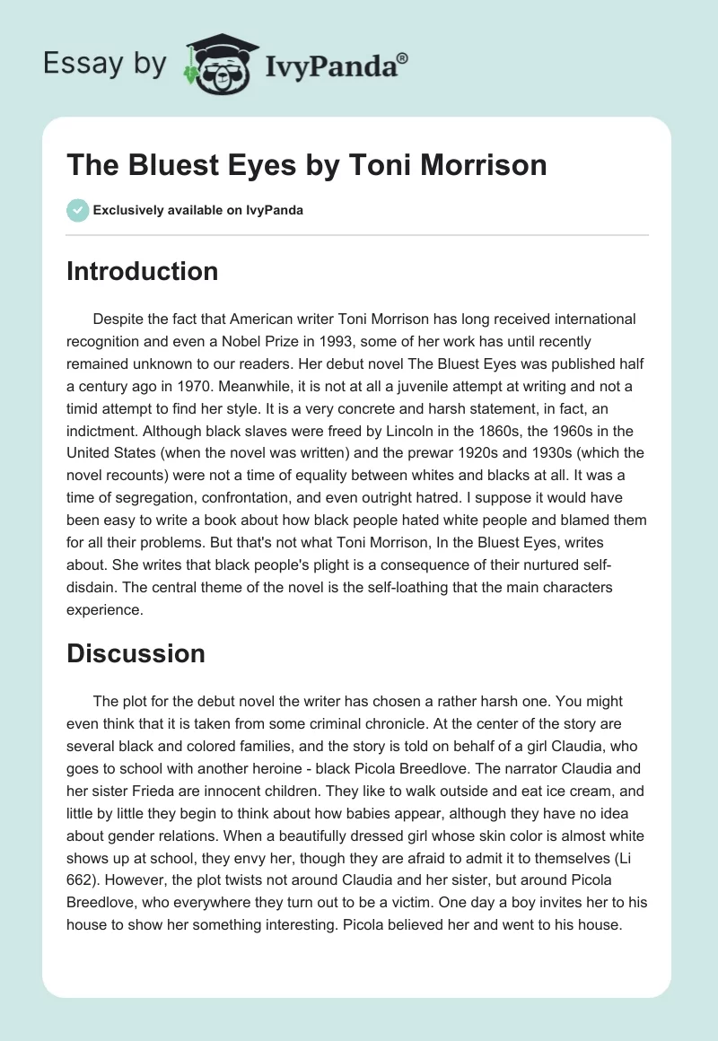 "The Bluest Eyes" by Toni Morrison. Page 1