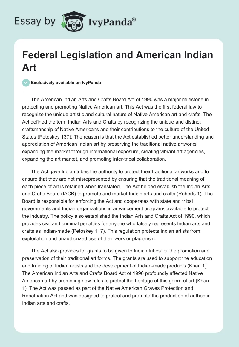 Federal Legislation and American Indian Art. Page 1