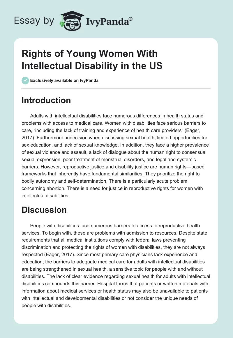 Rights of Young Women With Intellectual Disability in the US. Page 1