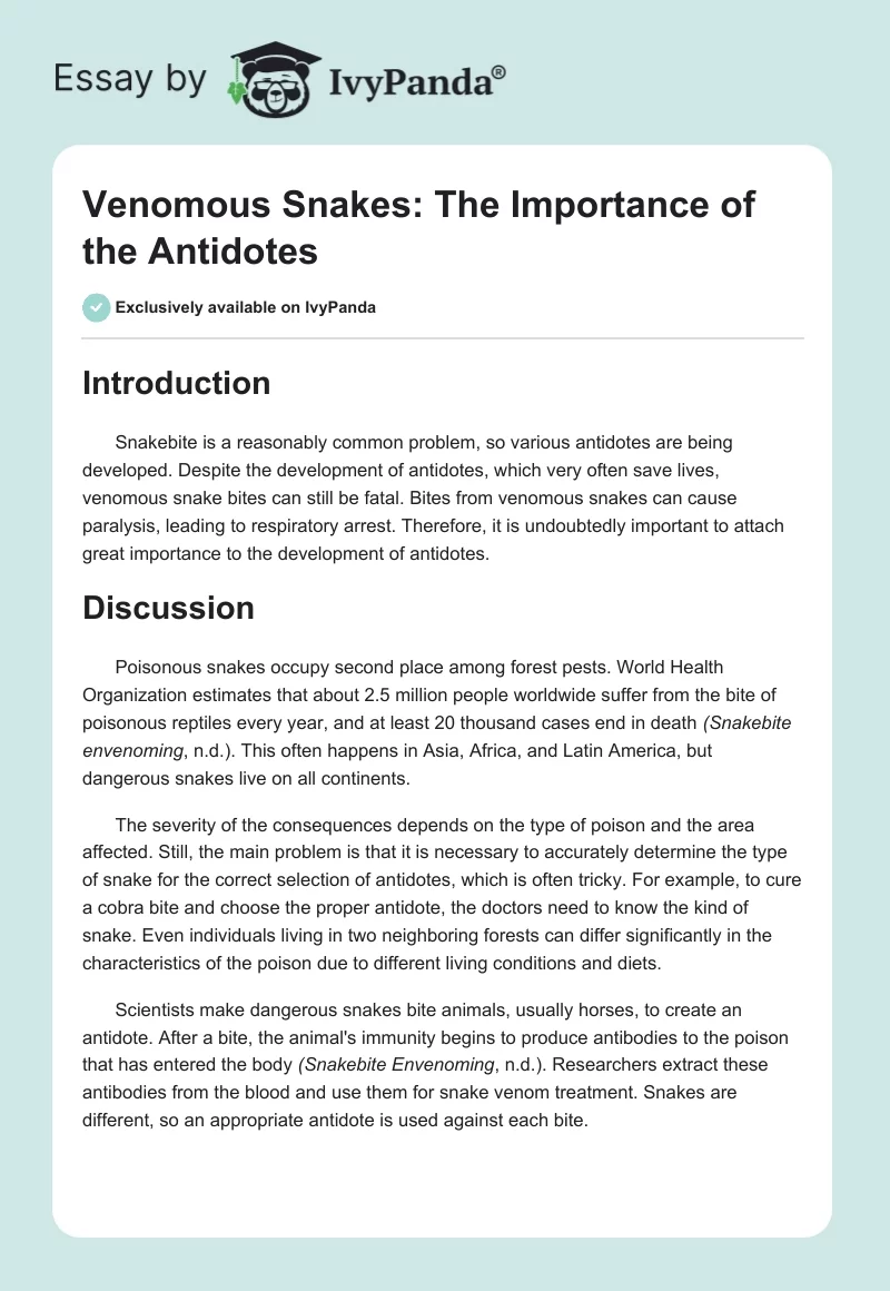 Venomous Snakes: The Importance of the Antidotes. Page 1
