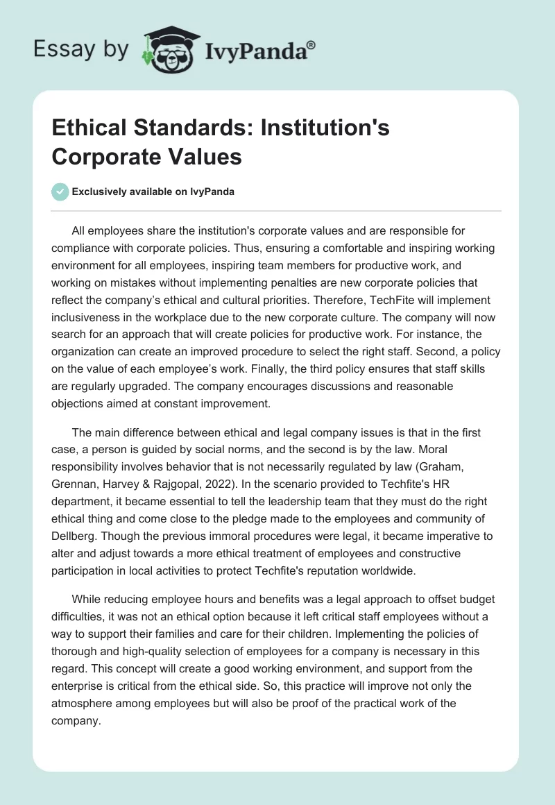 Ethical Standards: Institution's Corporate Values. Page 1