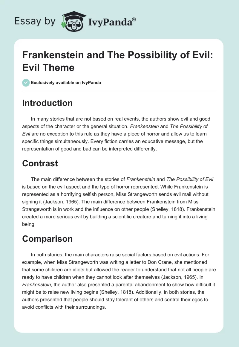 "Frankenstein" and "The Possibility of Evil": Evil Theme. Page 1