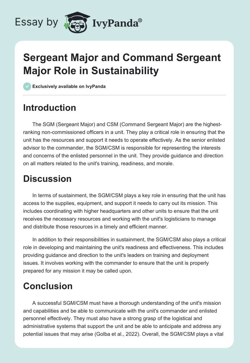 Sergeant Major and Command Sergeant Major Role in Sustainability. Page 1