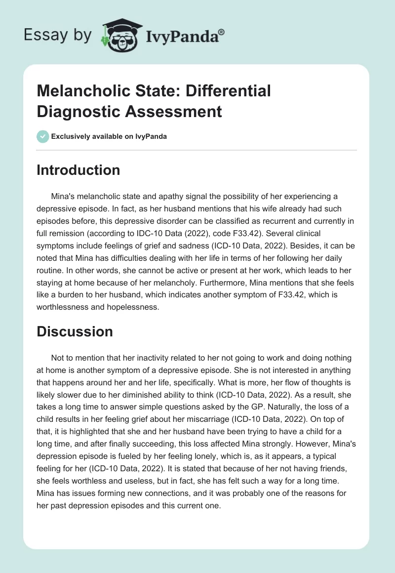 Melancholic State: Differential Diagnostic Assessment. Page 1