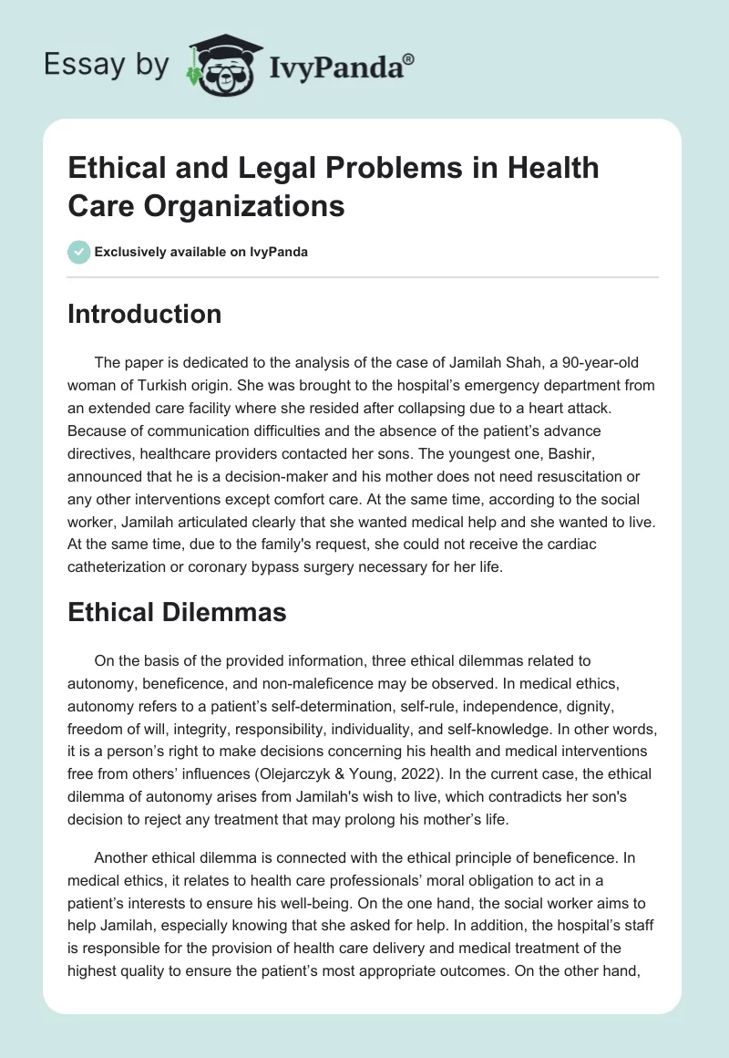 Ethical and Legal Problems in Health Care Organizations. Page 1