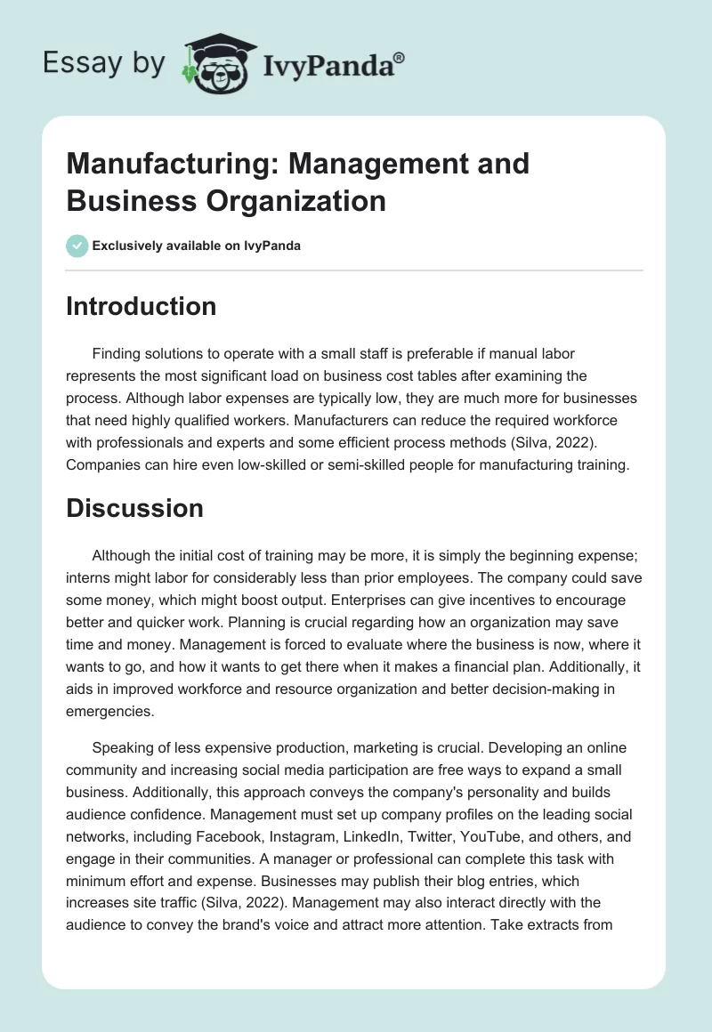 Manufacturing: Management and Business Organization. Page 1