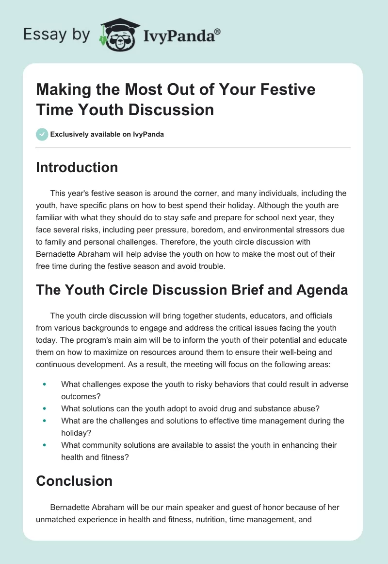 "Making the Most Out of Your Festive Time" Youth Discussion. Page 1