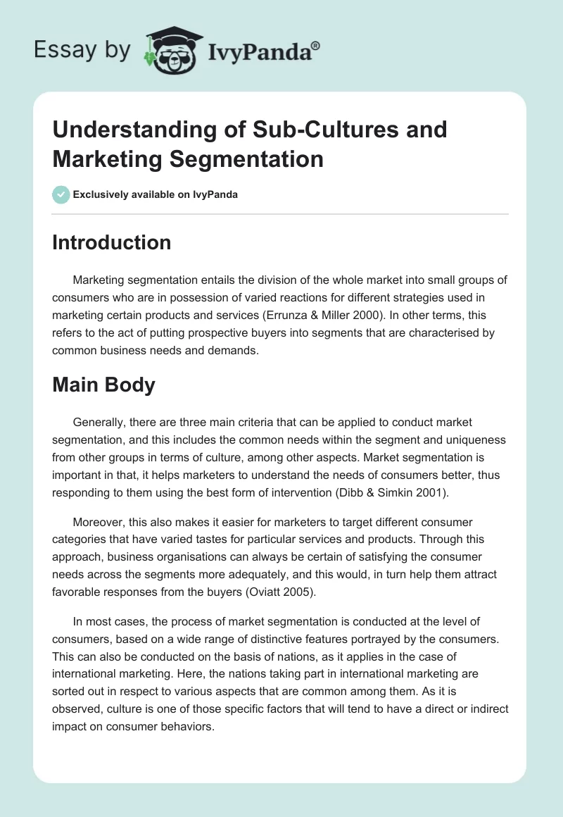 Understanding of Sub-Cultures and Marketing Segmentation. Page 1