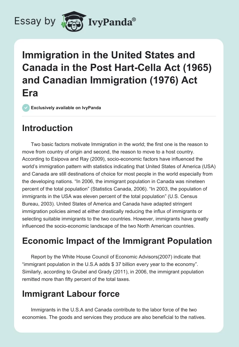 Immigration in the United States and Canada in the Post Hart-Cella Act (1965) and Canadian Immigration (1976) Act Era. Page 1