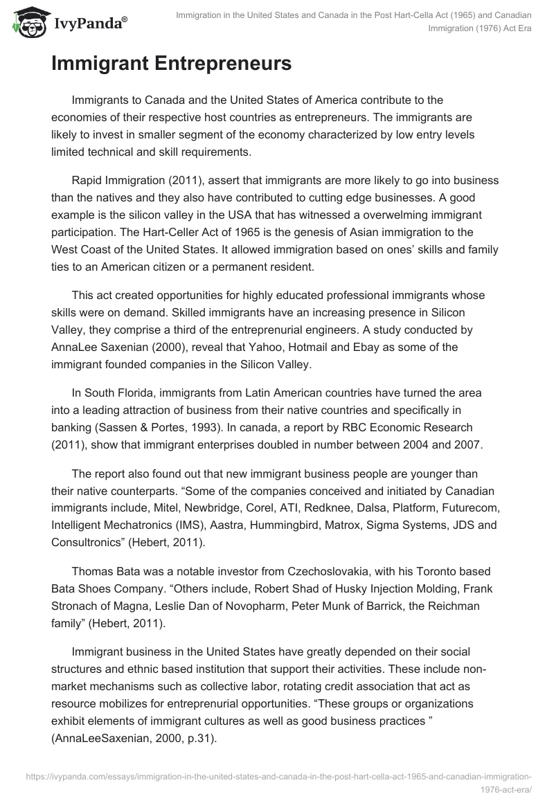 Immigration in the United States and Canada in the Post Hart-Cella Act (1965) and Canadian Immigration (1976) Act Era. Page 4