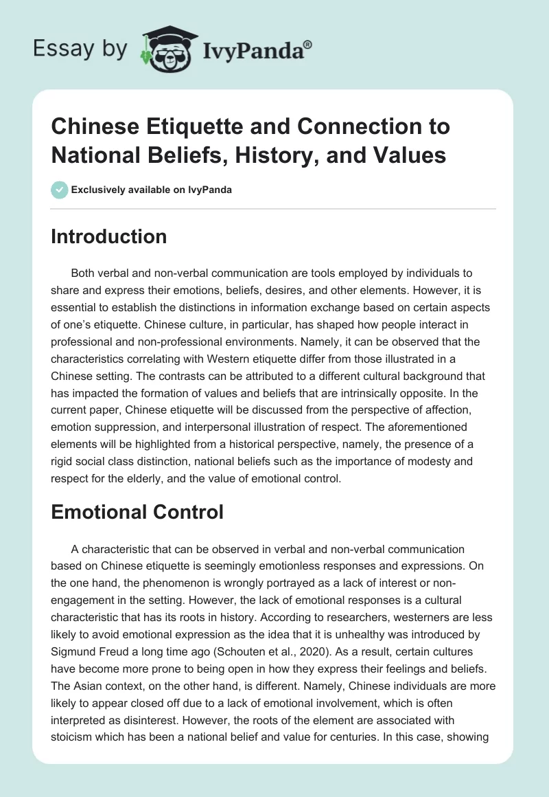 Chinese Etiquette and Connection to National Beliefs, History, and Values. Page 1