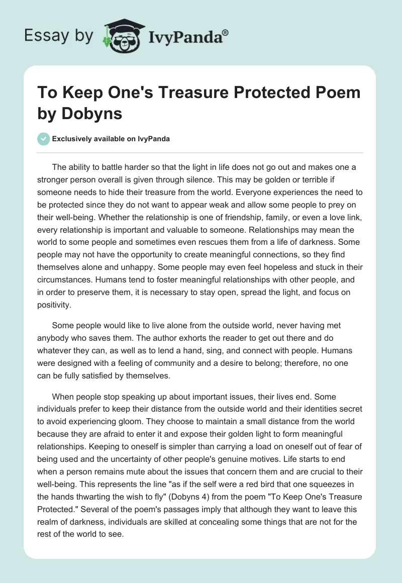"To Keep One's Treasure Protected" Poem by Dobyns. Page 1