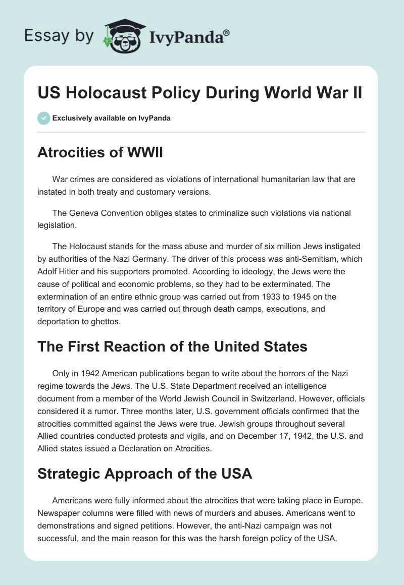 US Holocaust Policy During World War II. Page 1
