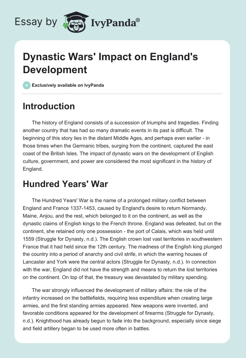 Dynastic Wars' Impact on England's Development. Page 1