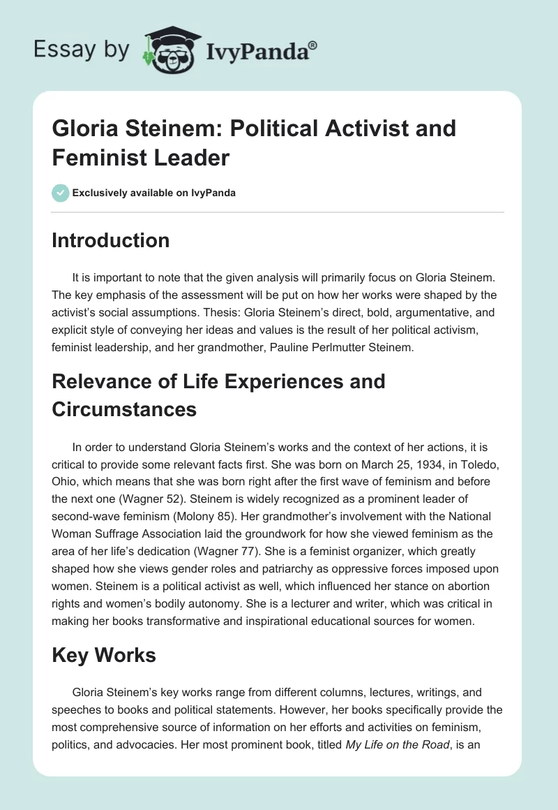 Gloria Steinem: Political Activist and Feminist Leader. Page 1