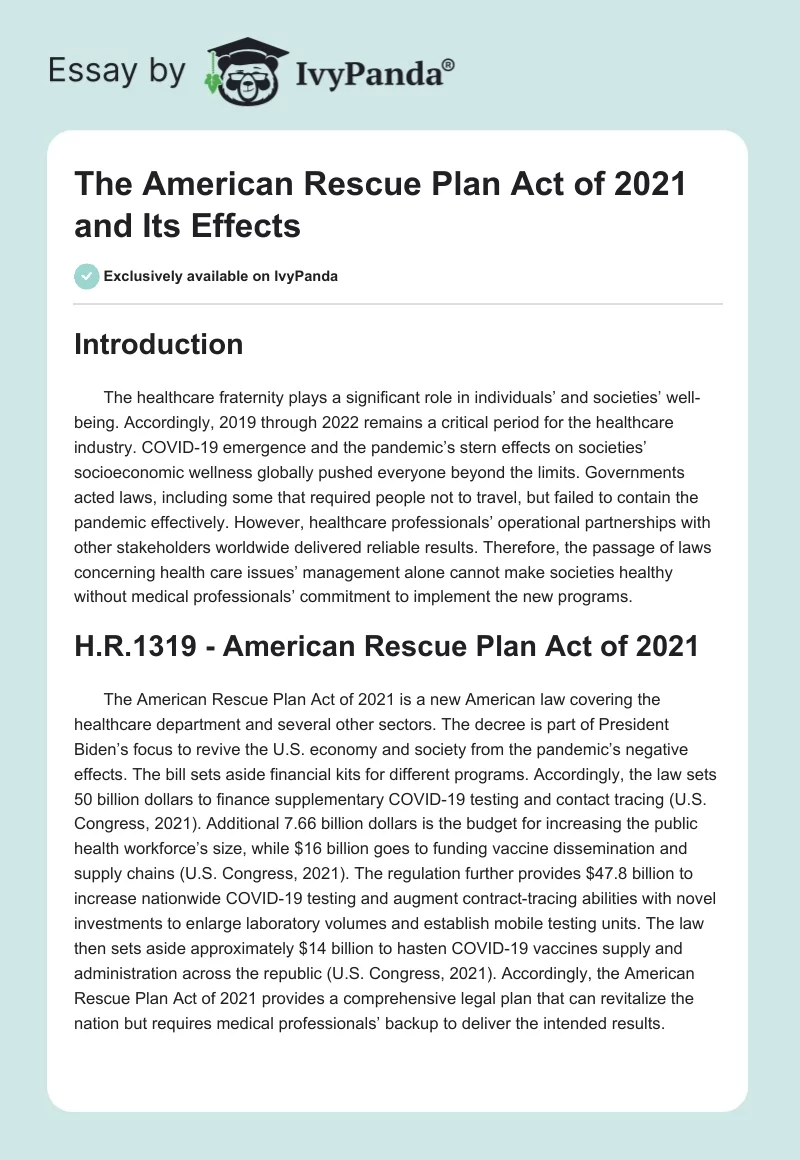 The American Rescue Plan Act of 2021 and Its Effects. Page 1