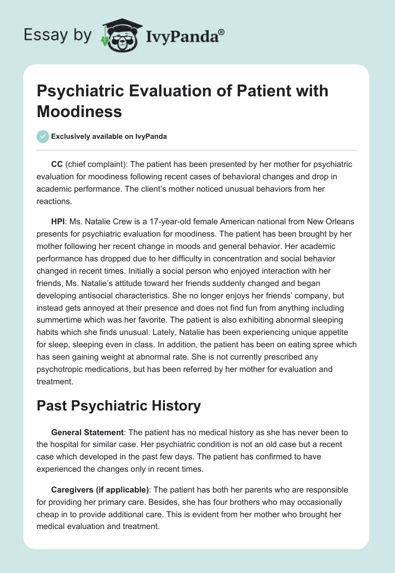 Psychiatric Evaluation of Patient with Moodiness. Page 1