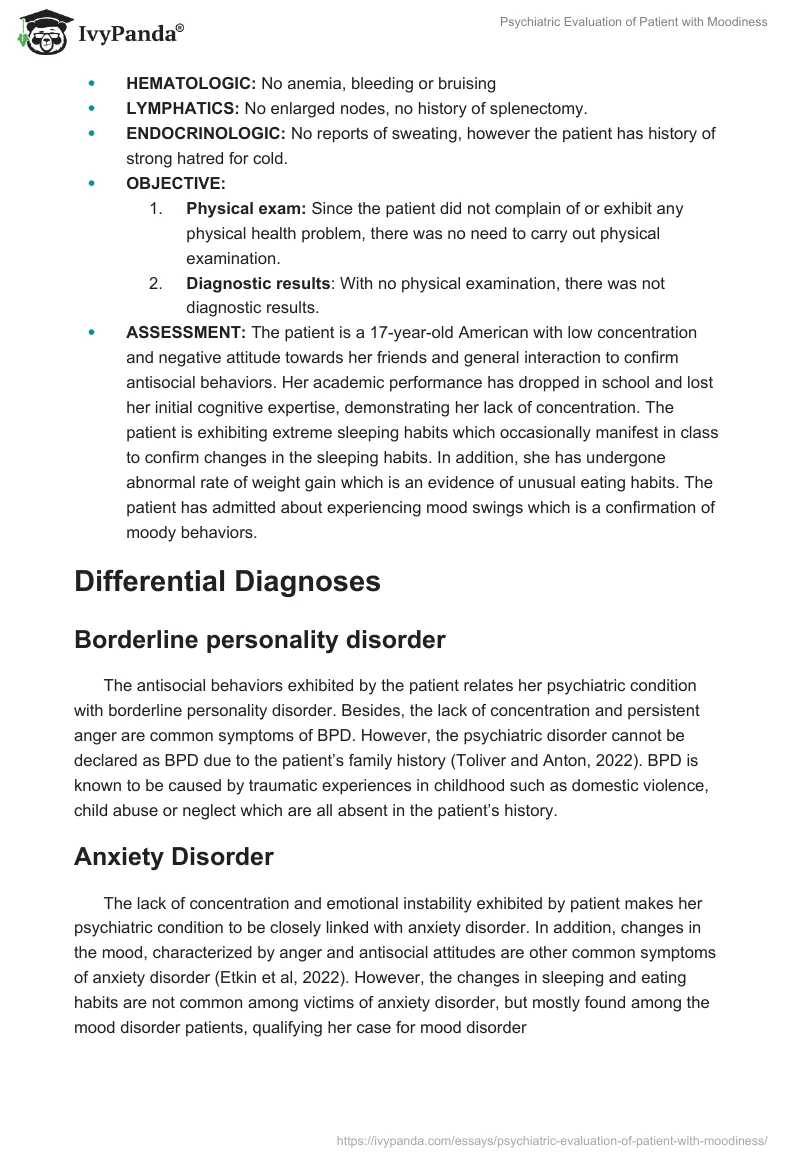 Psychiatric Evaluation of Patient with Moodiness. Page 4