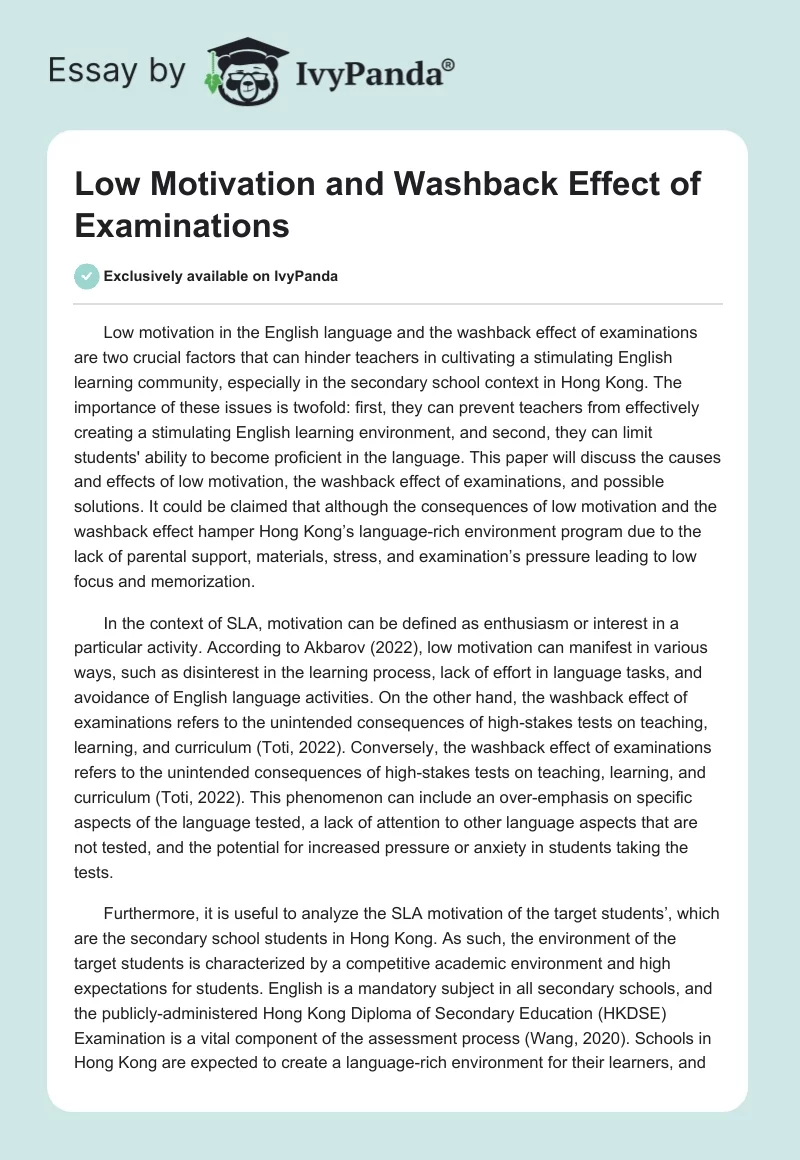 Low Motivation and Washback Effect of Examinations. Page 1