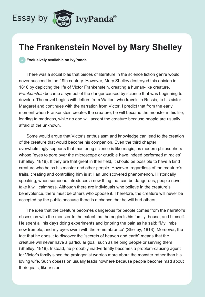 The "Frankenstein" Novel by Mary Shelley. Page 1