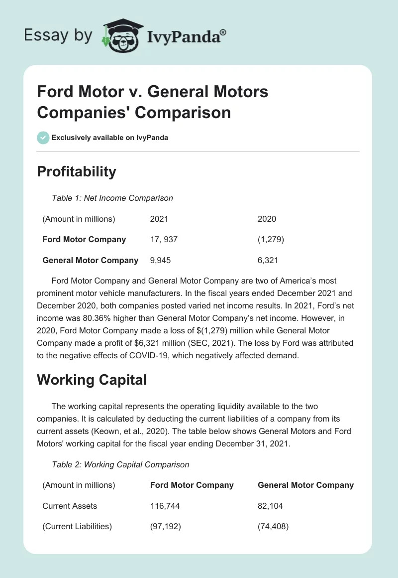 Ford Motor v. General Motors Companies' Comparison. Page 1