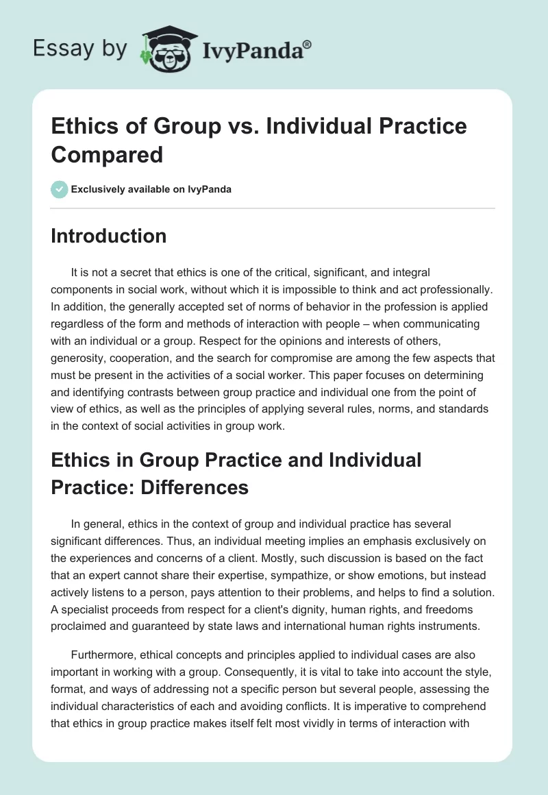 Ethics of Group vs. Individual Practice Compared. Page 1