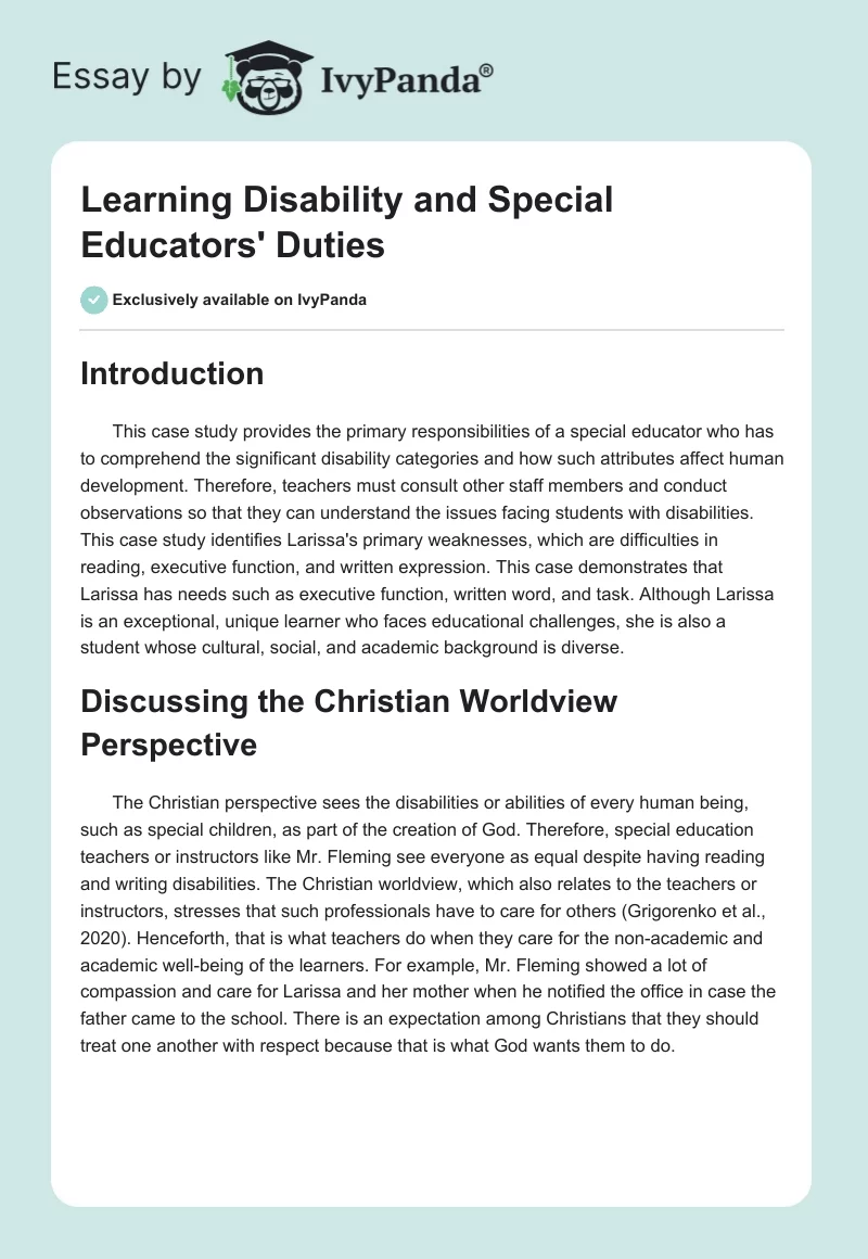 Learning Disability and Special Educators' Duties. Page 1