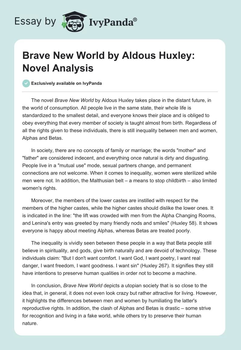 Brave New World by Aldous Huxley: Novel Analysis. Page 1