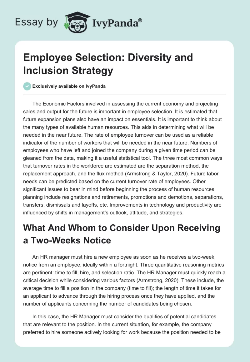 Employee Selection: Diversity and Inclusion Strategy. Page 1