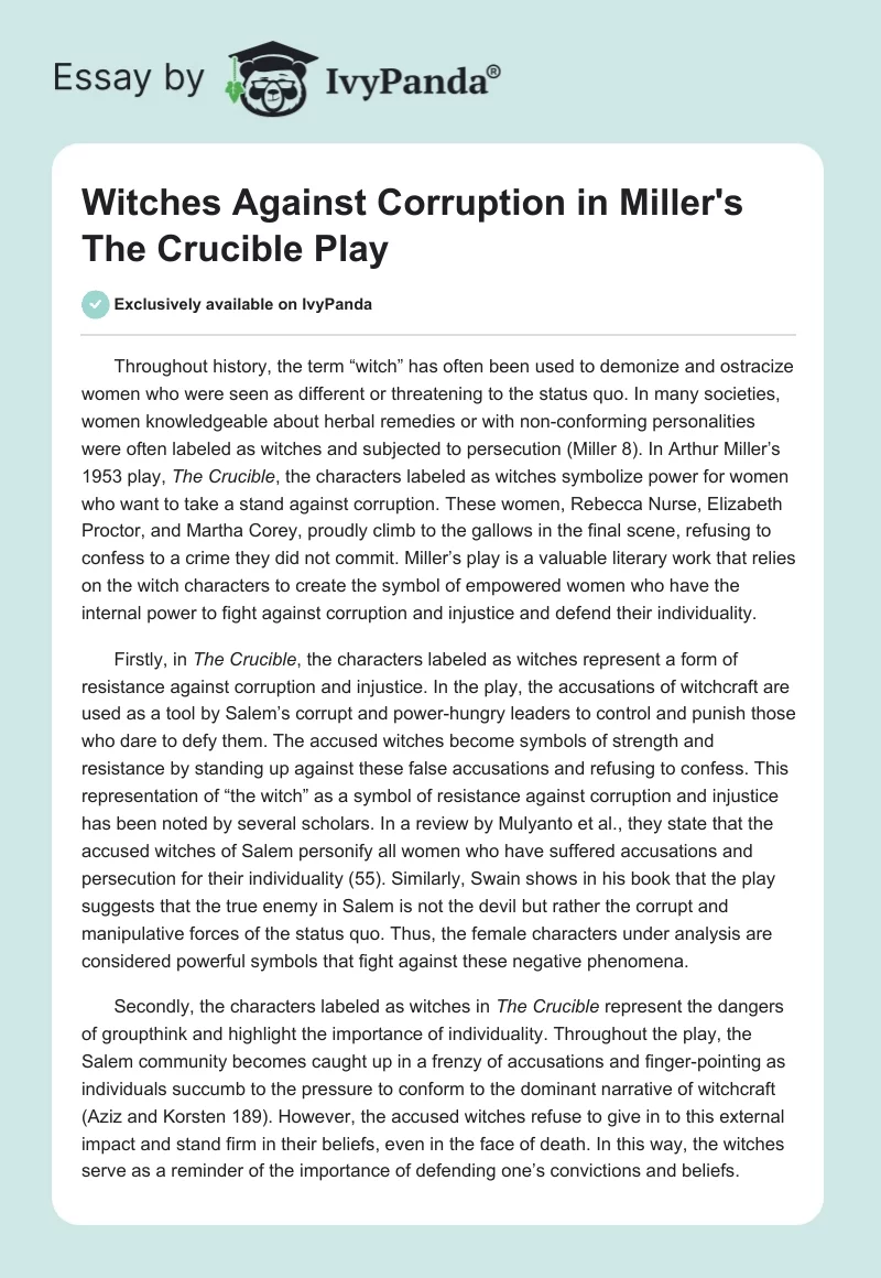 Witches Against Corruption in Miller's The Crucible Play. Page 1