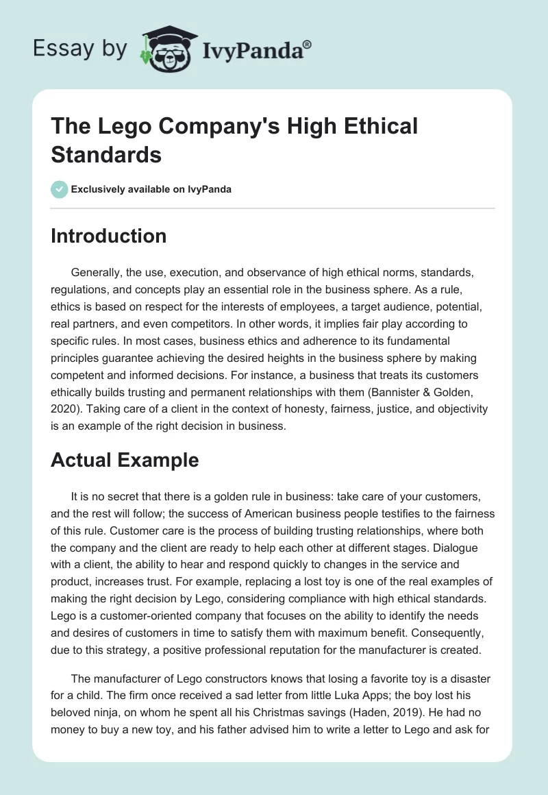 The Lego Company's High Ethical Standards. Page 1