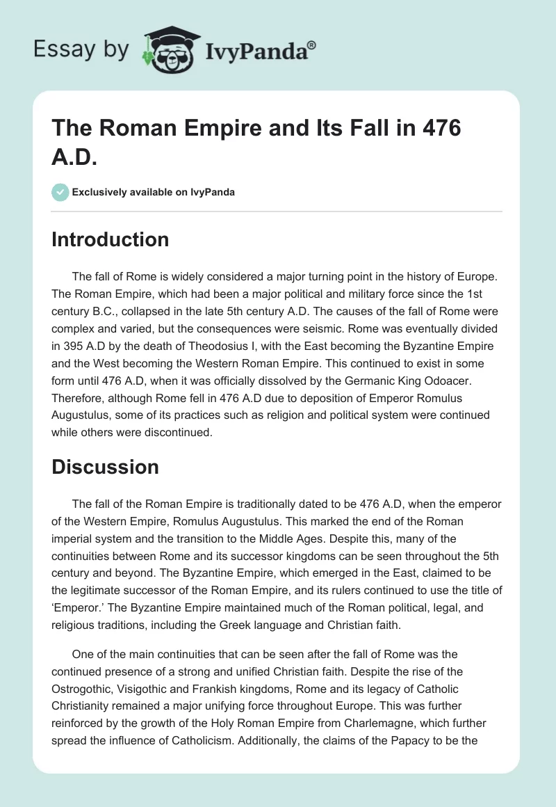 The Roman Empire and Its Fall in 476 A.D.. Page 1