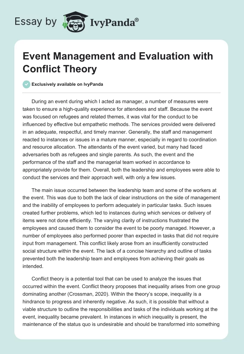 Event Management and Evaluation With Conflict Theory. Page 1